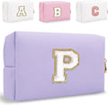 Small Personalized Letter Makeup Bag, Cute PU Leather Chenille Letters Cosmetic Bag Travel Makeup Pouch, Preppy Travel Organizer Zipper Pouch for Women&Girls（Purple-P）