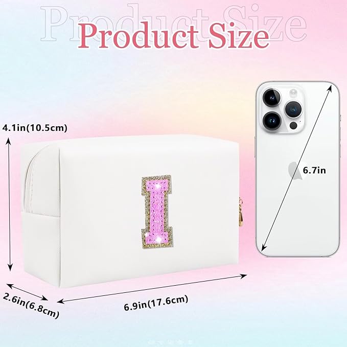 Glitter Initial Letter Makeup Bag, Small Personalized Sequins Letters PU Leather Cosmetic Bag Portable Waterproof Makeup Zipper Pouch, Shine Handbag Organizer Travel Bag Gifts for Women&Girls(White-I)