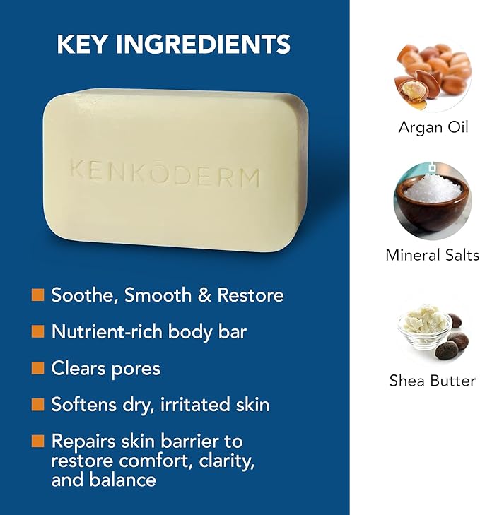 Kenkoderm Psoriasis Dead Sea Mineral Salt Soap with Argan Oil & Salicylic Acid, Natural Exfoliating Body & Face Cleanser for Sensitive Skin, Color & Fragrance Free, 4.25 Ounce, Pack of 4 Bars