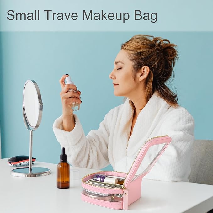 Clear Makeup Bag Travel Size Toiletry Bag Organizer Case Quality PU Leather Transparent Small Cosmetic Bag Car Bag for Essentials with Durable Zipper