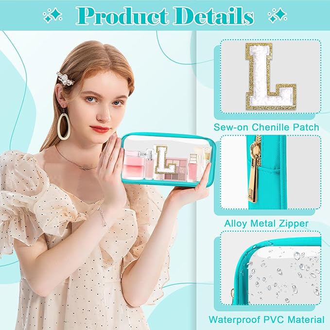 Personalized Initial Letter Clear Makeup Bag,Preppy Small Nylon&PVC Cosmetic Zipper Bag with Chenille Letter,Portable Beach Travel Skincare Toiletry Bag,Trendy Monogram Gift for Teen Girls Women,L