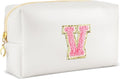 Initial Makeup Bag Personalized Preppy Travel Small Cosmetic Bag Cute PU White Chenille Letter Makeup Pouch for Purse Waterproof Zippered Toiletry Organizer for Women Girls Kids Friends (V)