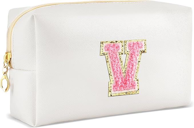 Initial Makeup Bag Personalized Preppy Travel Small Cosmetic Bag Cute PU White Chenille Letter Makeup Pouch for Purse Waterproof Zippered Toiletry Organizer for Women Girls Kids Friends (V)