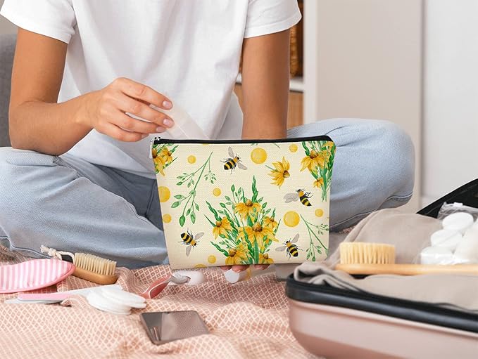 Bee Summer Cottagecore Yellow Flowers Daisy Makeup Bag Cosmetic Bag Zipper Travel Toiletry Bag, Best Gift Idea for Teen Girls Women,Birthday Christmas Gifts for Girls Women Daughter Sister
