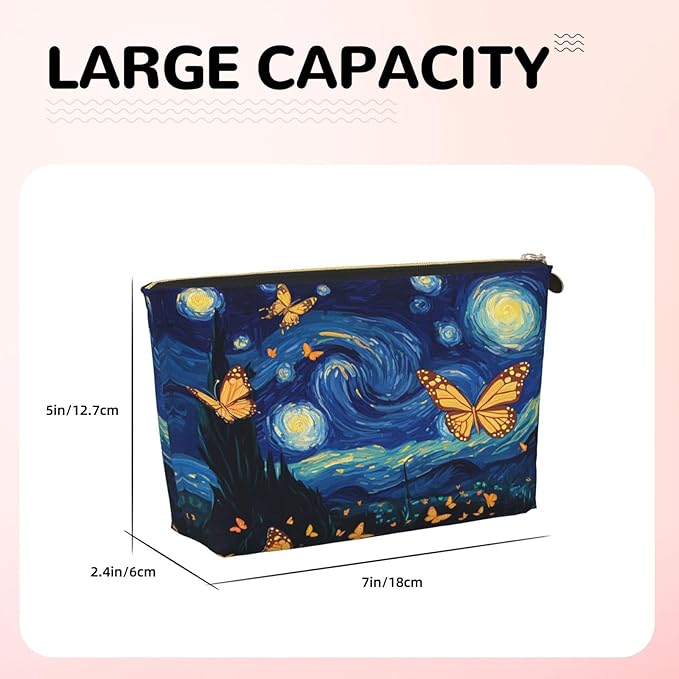 Womens Leather Makeup Bag Cosmetic Bag Travel Toiletry Bags Make Up Bags for Women Adult (Starry_Night_Butterflies)