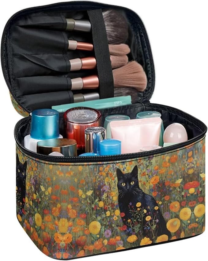 Black Cat Vibrant Floral Pattern Travel Makeup Bags for Women Portable Tote Cosmetic Case with Carry Handle Toiletry Accessories Storage Organizer Bags