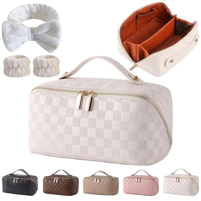 Travel Makeup Bag Travel Toiletry Bag Waterproof PU Leather Checkered Makeup Organizer Bag Woman Cosmetic Organizer Bag With Headband and Wristband Set(White, Checkerboard pattern)