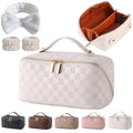 Travel Makeup Bag Travel Toiletry Bag Waterproof PU Leather Checkered Makeup Organizer Bag Woman Cosmetic Organizer Bag With Headband and Wristband Set(White, Checkerboard pattern)