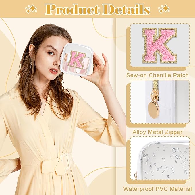 Personalized Initial Letter Clear Preppy Makeup Bag,Mini Nylon Chenille Letter Cosmetic Bag Cute Zipper Pouch Purse for Teen Girls,Portable TSA Approved Beach Travel Essentials Bag Gift for Women,K