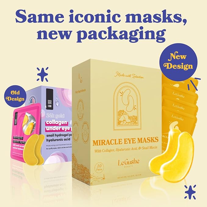 LE GUSHE Gold Under Eye Patches for Puffy Eyes and Dark Circles (10 Pairs) - Hydrating Collagen Under Eye Masks with Snail Mucin - Soothing Puffy Eyes Treatment for Women & Men - Bridesmaid Gifts
