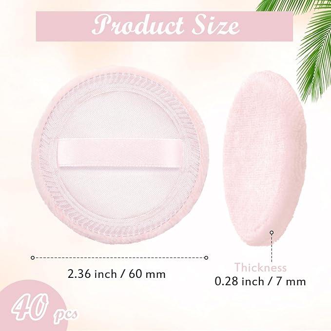40 Pcs Cotton Powder Puffs Bulk Washable, 2.36 Inch Round Makeup Dusting Powder Puff with Ribbon for Face Body Cosmetic, Pink
