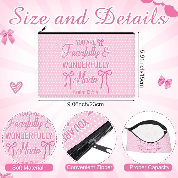 Hillban 36 Pcs Christian Gifts for Women Christian Pink Bow Makeup Bags Bible Verse Cosmetic Bag Inspirational Pencil Case with Zipper Coquette Bowknot Travel Organizer Pouch for Wedding Bachelorette