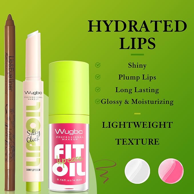 Brown Lip Liner Pink Lip Oil Gloss Click Lip Balm Clear Shimmer, Hydrating Lipstick Tinted Lip Oil for Women Makeup, Lightweight Non Sticky Liquid Lipstick Lip Liner Pencil Combo Set