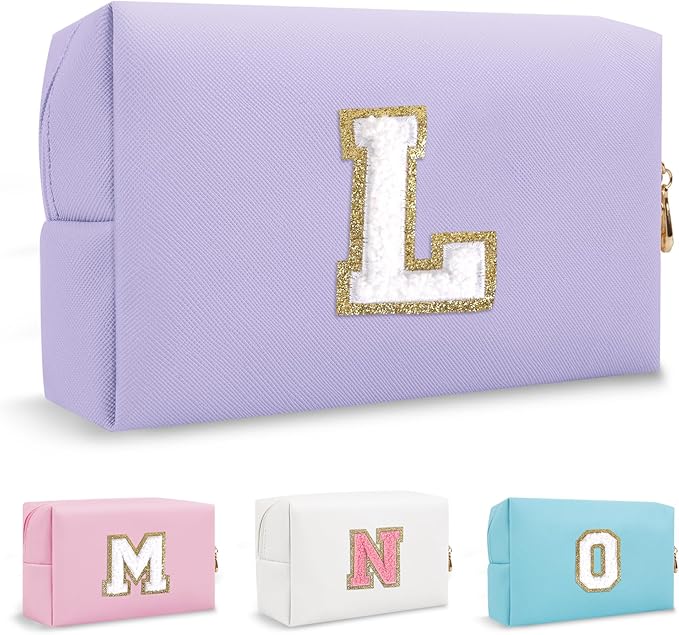 Personalized Initial Preppy Makeup Bag Organizer, Small Purple Cute Cosmetic Bag Travel Toiletry Zipper Pouch for Women, Portable Waterproof PU Makeup Case Birthday Gifts for Friends Teacher(Letter L)