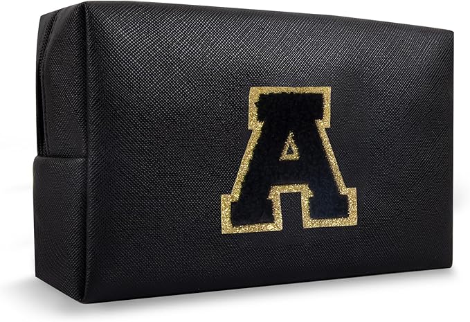 Personalized Initial Preppy Patch Makeup Bag, Small Cute Cosmetic Pouch Make Up Case Travel Toiletry Zipper Pouch, Monogram Waterproof PU Leather Chenille Letter Storage Bag Gifts for Women(Letter A)