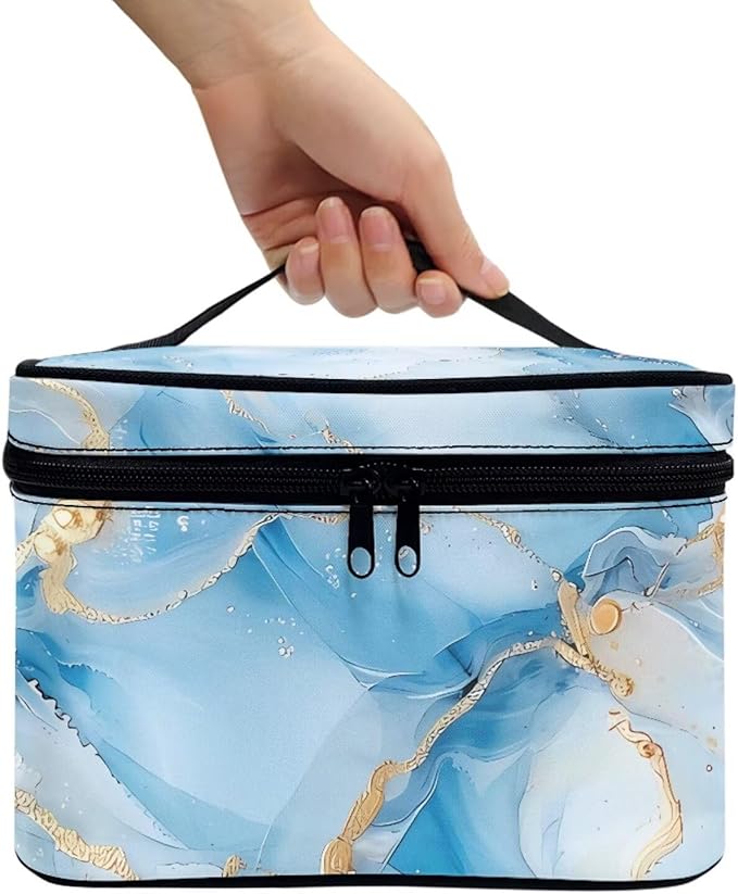 JoyLamoria Blue Marble Print Cosmetic Bag Toiletry Bag Zipper Closure Makeup Bag Travel Case