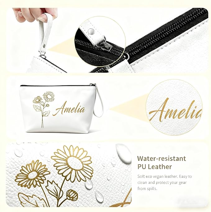 Personalized Makeup Bag Initial&Birth Flower Custom Small Travel Cosmetic Bag with Name Cute Makeup Bag for Women Girls