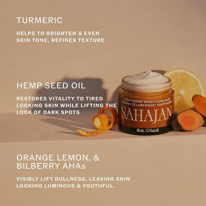 Sahajan Adaptogenic Mask with Turmeric + AHAs | Clean Ayurvedic Creamy Clay Radiance Mask | Targets Dark Spots, Enlarged Pores, Fine Lines | Purifies, Exfoliates, Nourishes | 1.7 fl oz