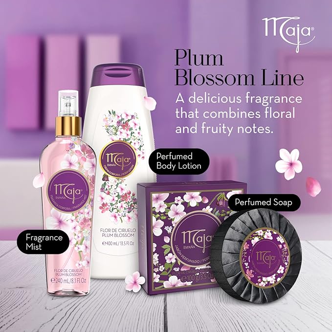 Maja Plum Blossom Perfumed Body Mist with Floral and Fruity notes to refresh yourself any time, Transparent Purple, 8.1 Fl Oz, Spray Bottle