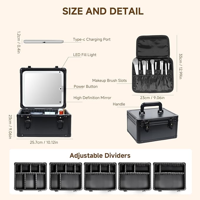 Travel Makeup Case with Lighted LED Mirror – Waterproof Cosmetic Organizer with Adjustable Dividers, Portable Makeup Train Case for Women, Black
