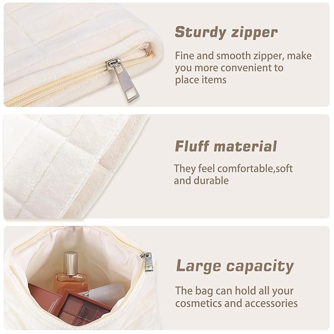 ZLFSRQ 2Pcs Makeup Bag for Women Trendy Large Capacity Cosmetic Bags Plush Pencil Case White Checkered Pouch for Purse Coquette Zippered Toiletry Bag Organizer Y2K Aesthetic Pencil Pouch