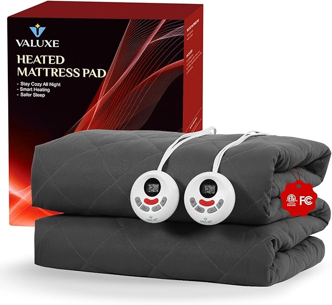 Heated Mattress Pad King Size Quilted Zone Heating Electric Bed Warmer Comfort Heat Mattress Pad Cover Dual Controller（10 Heat Setting | 1-12 Hours Auto Shut Off | with 8-21 Inch Deep Pocket） Gray