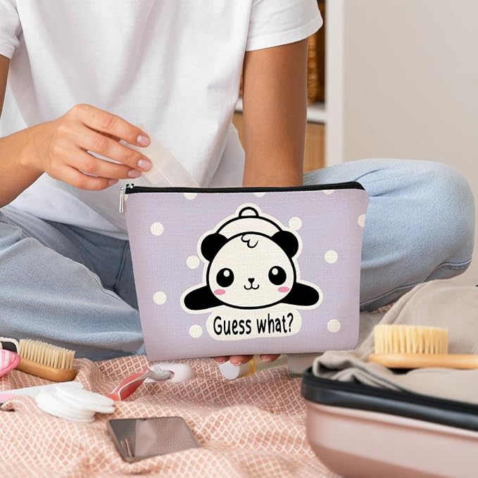 Panda Gifts Purple Makeup Bag,Gifts for Panda Lover Wonmen Girls,Cute Baby Panda Guess What It's Pug Butt Cosmetic Bag,Makeup Case for Teen Girls Daughter, Panda Accessories(Purple Dots)