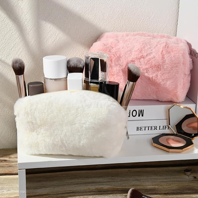 SOIDRAM 2 Pieces Makeup Bag Cute Cosmetic Bag Plush Pink White Makeup Pouch Coquette Travel Toiletry Bag Organizer Fluffy Makeup Brushes Puffy Storage Bag for Women