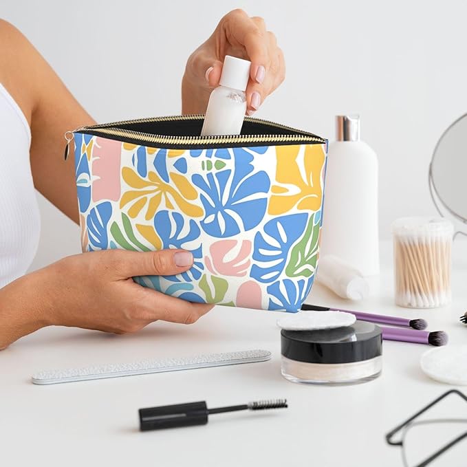 Womens Leather Makeup Bag Cosmetic Bag Travel Toiletry Bags Make Up Bags for Women Adult (Boho-Coral 1)