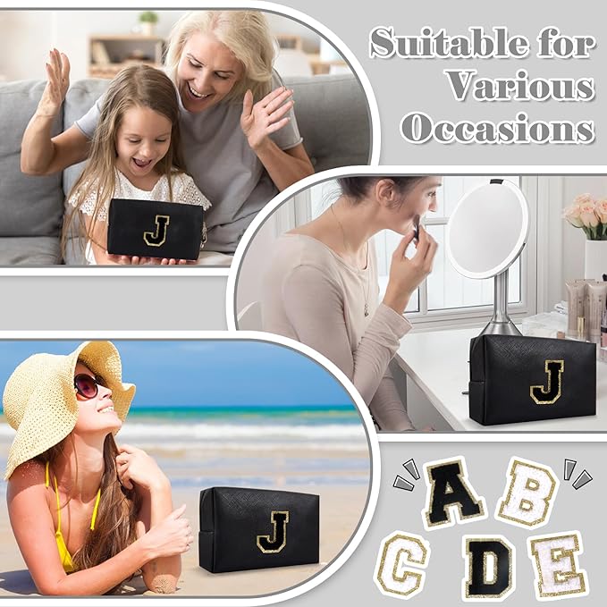 Personalized Initial A-Z Preppy Patch Makeup Bag,Small PU Chenille Letter Cosmetic Bag with Zipper for Teen Girls,Black Cute Toiletry Organizer Bag,Monogram Makeup Case Gift for Women Girls,Letter J