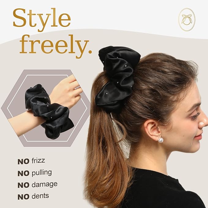 100% Mulberry Silk Scrunchies for Women Ponytail Holders – Plus Rhinestone-Embellished Design for Curly, No Damage Hair Ties for Curly, Thick, and Thin - Hair Accessories for Women (Black)