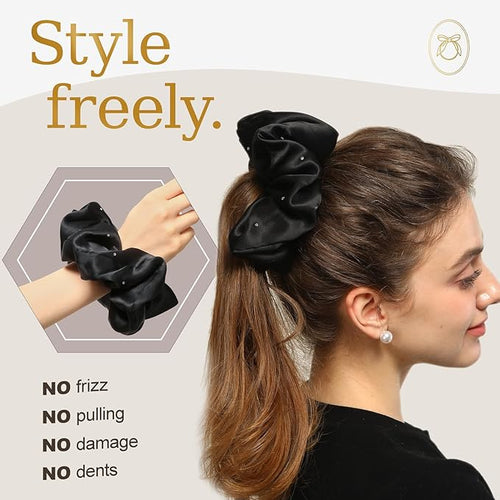 100% Mulberry Silk Scrunchies for Women Ponytail Holders – Plus Rhinestone-Embellished Design for Curly, No Damage Hair Ties for Curly, Thick, and Thin - Hair Accessories for Women (Black)