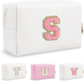 Small Travel Initial Preppy Makeup Bag, White Cute Cosmetic Organizer Toiletry Zipper Pouch Make Up Bag for Purse, Waterproof Chenille Letter Makeup Storage Personalized Gift for Sister Mom(Letter S)