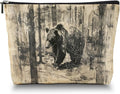 Makeup Bag Travel Cosmetic Bags Small Makeup Case Waterproof Zipper Pouch for Women Girls 7X9inches - Brown Bear Roaming Through A Textured Forest