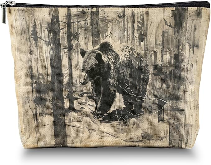 Makeup Bag Travel Cosmetic Bags Small Makeup Case Waterproof Zipper Pouch for Women Girls 7X9inches - Brown Bear Roaming Through A Textured Forest
