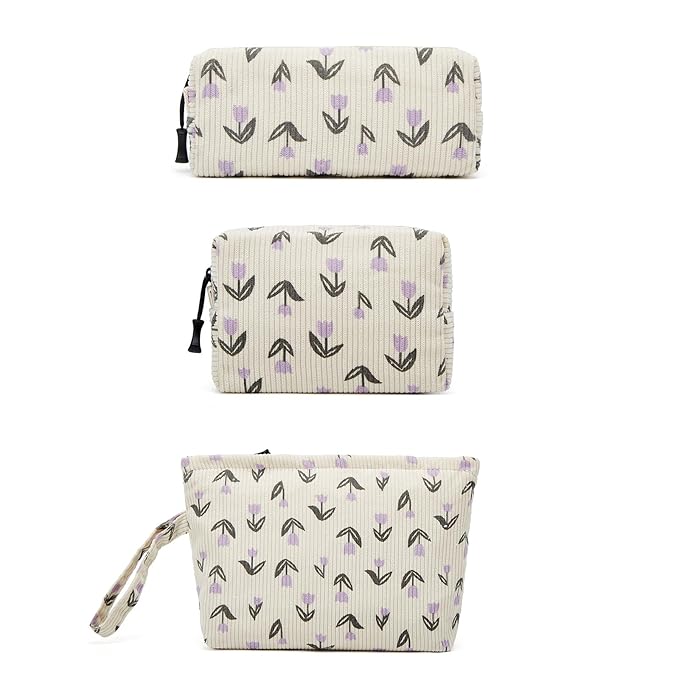 Makeup bag set small Cosmetic bag for women purse Corduroy Organizer with interior Pockets,cute Pencil zipper Pouch travel Toiletry Bag with handle(Tulip Purple)