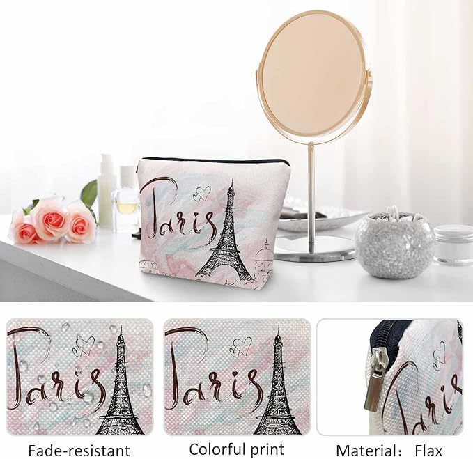 Women Cosmetic Bag Eiffel Tower, Watercolor Paris Eiffel Tower Cute Makeup Bag For Purse Cosmetic Travel Bag For Toiletries Makeup Storage Bag Flax Skincare Bag Make Up Pouch Bags