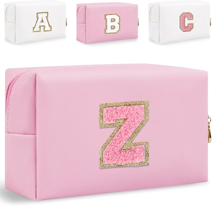 Small Personalized Glitter Initial Letter Makeup Bag, Cute PU Leather Chenille Letters Cosmetic Bag Travel Makeup Pouch, Preppy Travel Organizer Zipper Pouch for Women&Girls（PinkPink-Z）