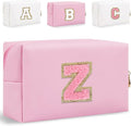 Small Personalized Glitter Initial Letter Makeup Bag, Cute PU Leather Chenille Letters Cosmetic Bag Travel Makeup Pouch, Preppy Travel Organizer Zipper Pouch for Women&Girls（PinkPink-Z）