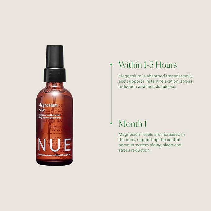 The Nue Co Magnesium Ease Skin Spray for Muscle Pain & Tension Relief with Lavender & Arnica Oil High Absorption Sports Recovery & Sleep Vegan, Paraben-Free, Non-Toxic, 60ml