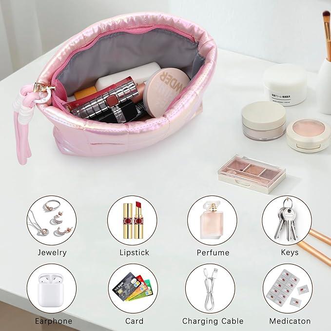 DOB SECHS Quilted Checkered Makeup Bag with Strap, Cute Puffer Cosmetic Bags for Women, Cotton Puffy Toiletry Zipper Pouch, Travel Essentials Storage Organizer Clutch Pencil Case, Iridescent Pink