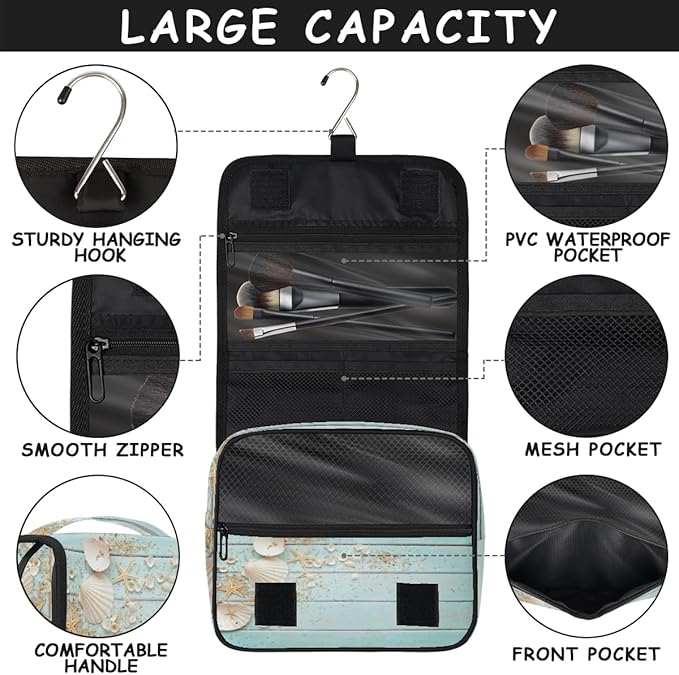 Hanging Travel Toiletry Bag for Women Men Teal Wooden Waterproof Makeup Bag Beach Starfish Portable Cosmetic Bag Travel Essentials for Traveling Accessories Toiletries Bathroom Shower