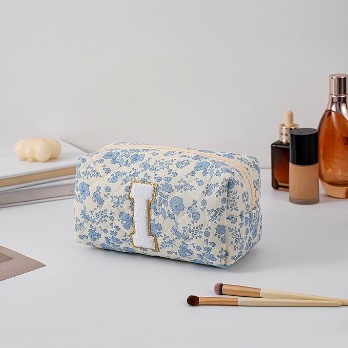 JOVAKIT Alphabet Makeup Bag Cosmetic Bag for Women, Christmas Gifts for Girls Age 6-18, Floral Flowers Coquette Travel Toiletry Zipper Make Up Pouch Organizer Trendy Stuff (Blue Floral I)