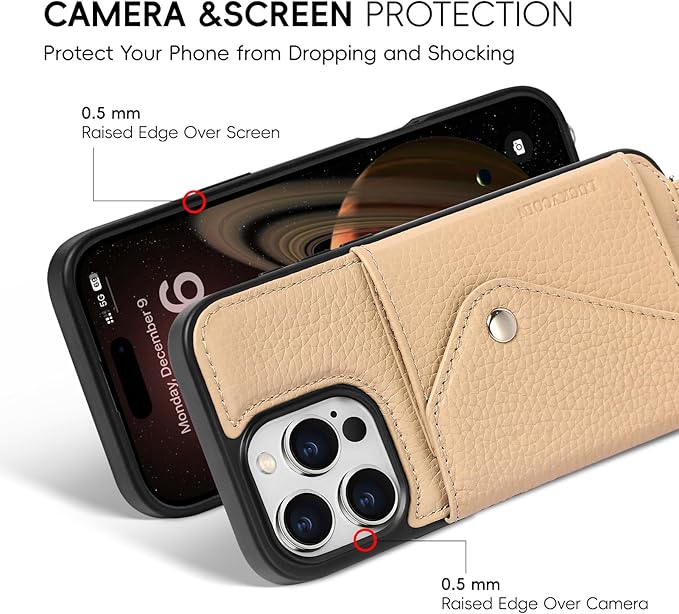 LUCKYCOIN Crossbody Wallet Phone Case for iPhone 16 Pro Max,100% Genuine Leather Wallet Phone Case with Expandable Flip Card Holder,Phone Purse for Women with Adjustable Removable Strap - Pebble Beige