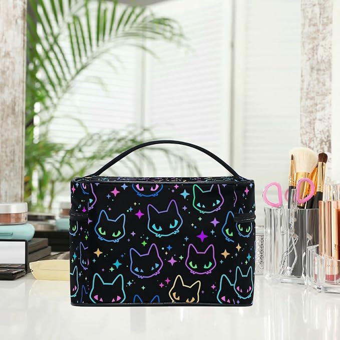 Goth Makeup Bag, Colorful Neon Cat Heads Makeup Organizer Bags Toiletry Bag Box Travel Cosmetic Bag Make Up Train Case for Women Teen Girl Ladies