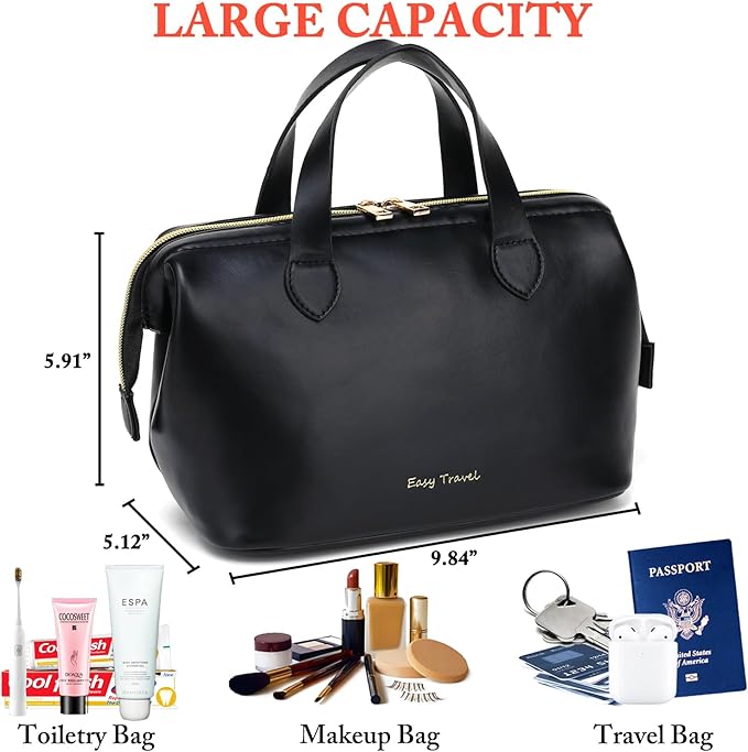 Travel Makeup Bag, Large Wide-open Cosmetic Bag Make Up Organizer Case for Women, Waterproof PU Leather Toiletry Bag Skincare Pouch for Toiletries Accessories Brushes