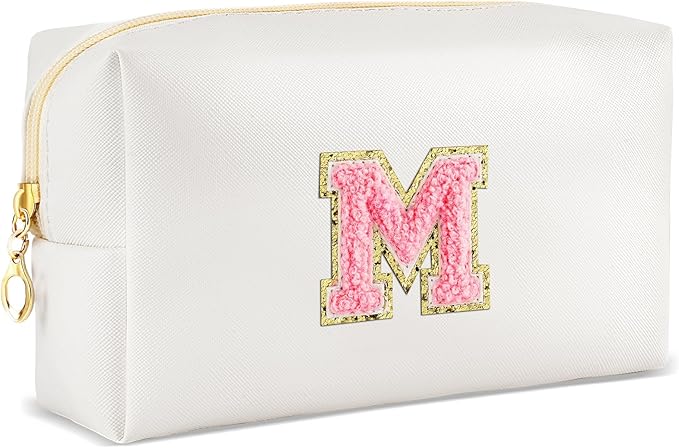 Initial Makeup Bag Personalized Preppy Travel Small Cosmetic Bag Cute PU White Chenille Letter Makeup Pouch for Purse Waterproof Zippered Toiletry Organizer for Women Girl Kid Friends (M)