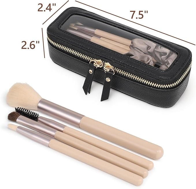 PACKISM Slim Clear Makeup Brush Bag, Pebbled Texture & Hard PU Leather Small Cosmetic Brush Holder, Mini Toiletry Bag Make up Bags with Message Card, Cute Travel Essentials Bag (Black)