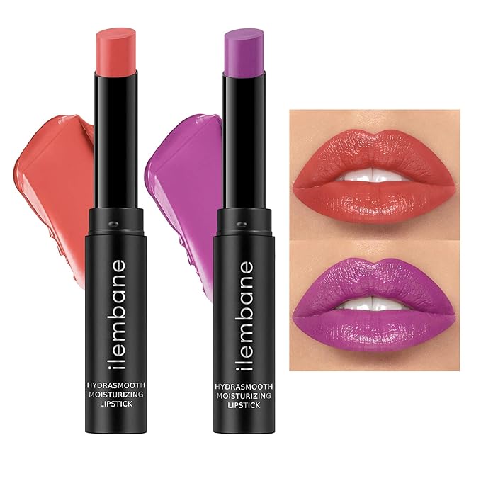 2-Pack Purple & Nude Pink Moisturizing Lipstick Set – Hydrating Creamy Lip Color for Dry, Cracked Lips, Weightless Glossy Lip Balm with Vitamin E, Long Lasting Vegan Lipstick(Hold me/Lilac Breeze)