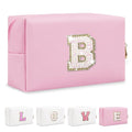Small Personalized Initial A-Z Patch Makeup Bag,Pink Cute PU Leather Glitter Letter Cosmetic Bag for Teen Girls,Travel Toiletry Bag with Zipper,Preppy Monogrammed Birthday Gift for Daughter Niece B